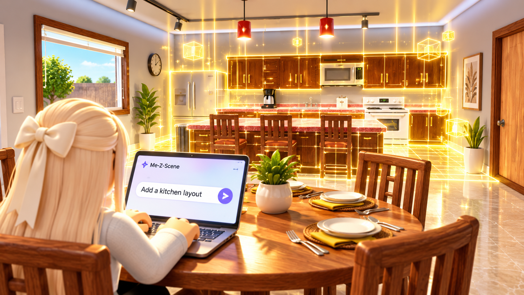 A Roblox character imagining a new kitchen as golden outlines bring the room to life