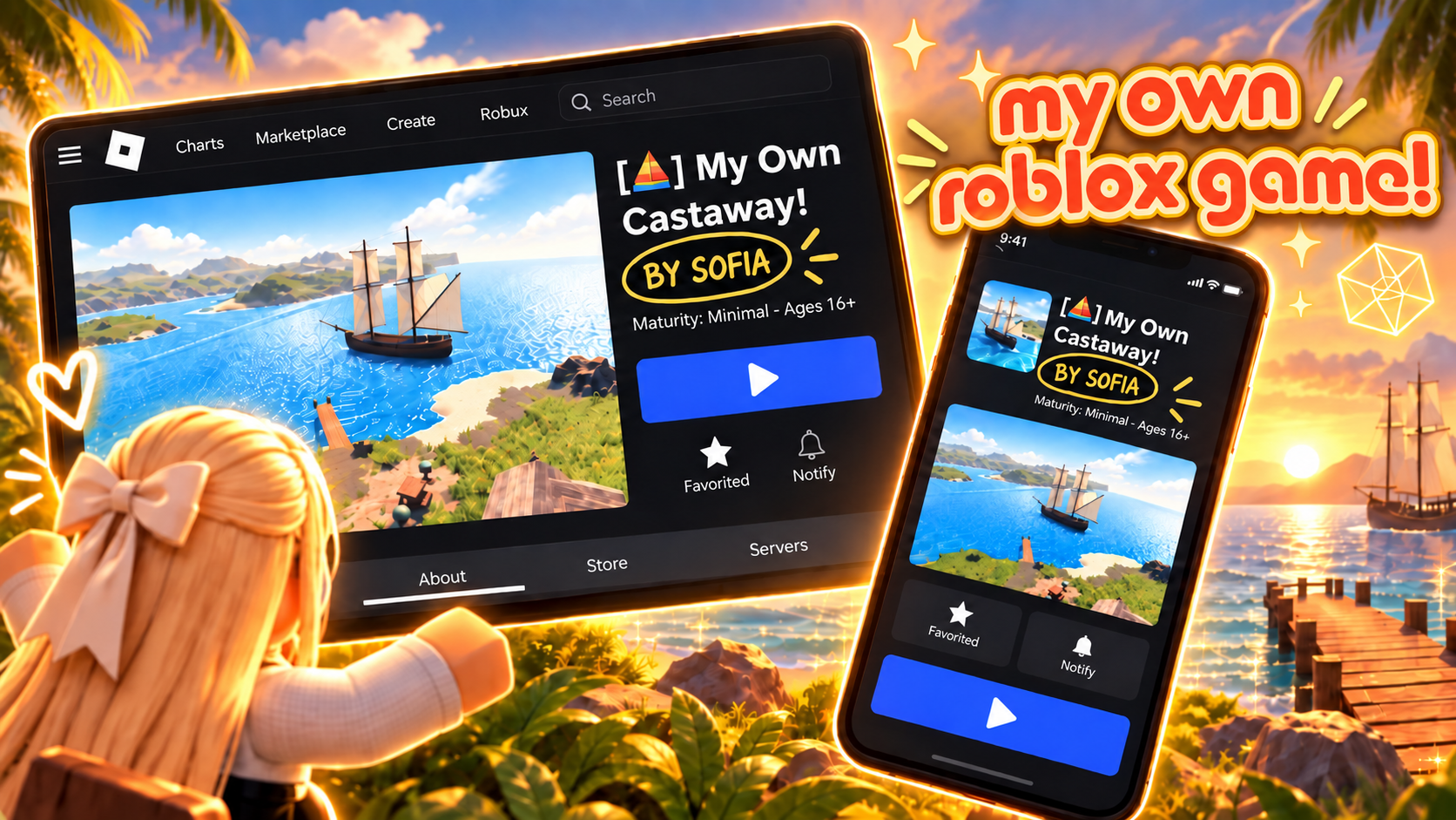 Illustrative Roblox creator celebrating her own published game on desktop and mobile, with example credit By Sofia